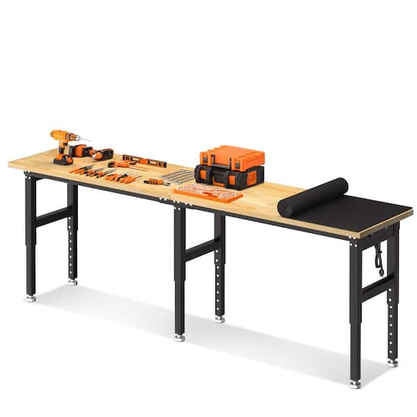 Adjustable Heavy-Duty Computer Workbench Desk 96" Rubber Wood Top, 5000 lbs Capacity, Built-in Power Outlets, Pegboard