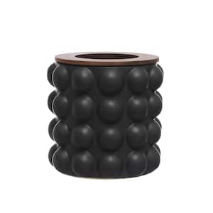 Freestanding Bathroom Trash Can with Acacia Wood Rim in Matte Black and Natural