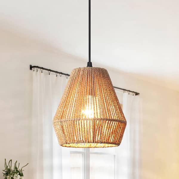 60 -Watt 1-Light Brown Shaded Pendant Light with Rattan Geometric Shade, No Bulbs Included(Set of 3)