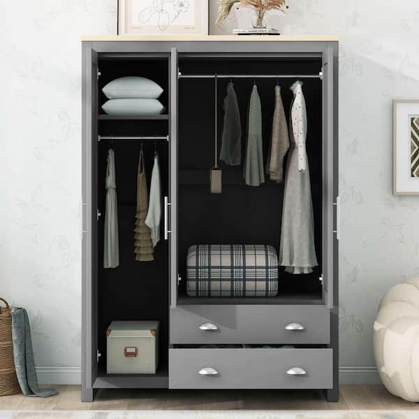 Gray MDF Wood 47.2 in. Wardrobe with 3 Door Storage and 3 Hanging Rods