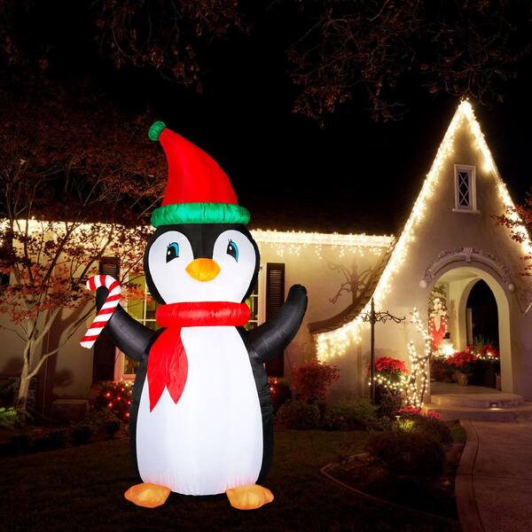 HOMCOM 8ft Christmas Penguin Inflatable - Outdoor Yard Decor With LED Lights & Candy Cane