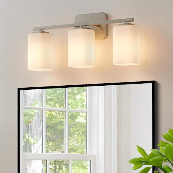20.5 in. 3-Light Brushed Nickel Clemmon Vanity Light with Square Frosted White Glass Shade