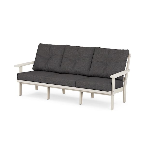 POLYWOOD Oxford Plastic Outdoor Deep Seating Couch in Sand with Ash Charcoal Cushions
