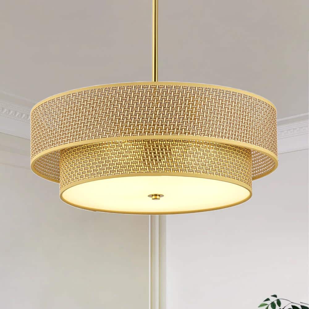 18 in. Woven Rattan Linen Ceiling Light Fixture Chandelier with Rattan Shade Height Adjustable Hanging Pole, Gold price history on PriceWatchPro
