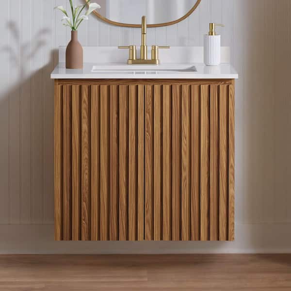 Precine 31 in. Single Sink Natural Teak Bath Vanity with White Cultured Marble Top (Assembled)