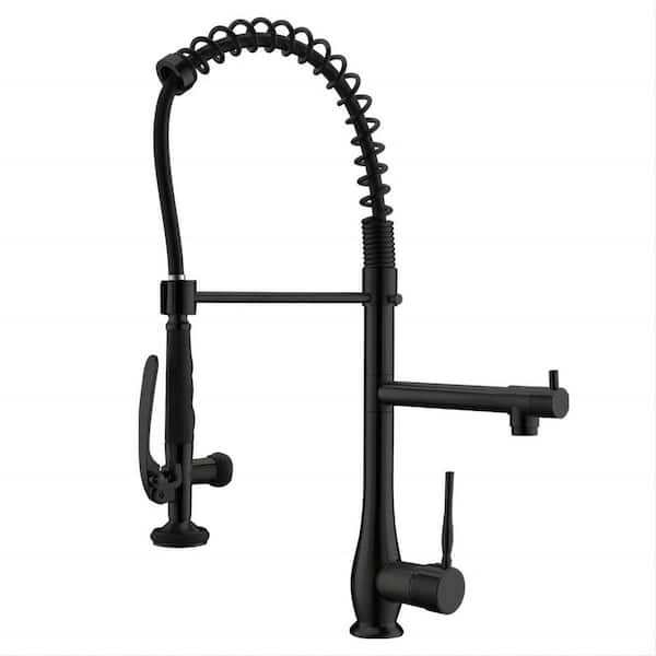 Tahanbath Double Handle Gooseneck Pull Down Sprayer Kitchen Faucet in Matte Black