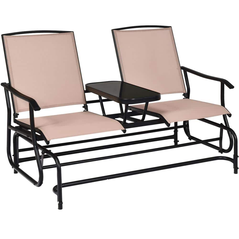 Patio Metal 2-Person Glider Rocking Char Loveseat Garden w/Tempered Glass Table Brown price history on PriceWatchPro