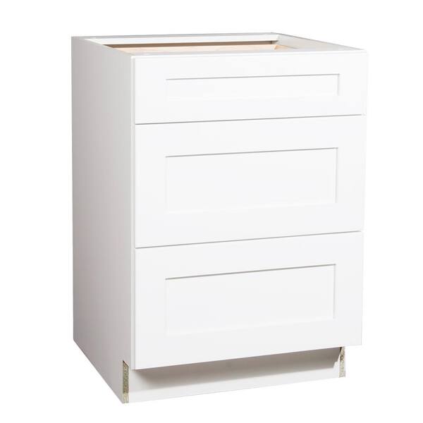 Krosswood Doors Ready to Assemble 24x34.5x23.7 in. Shaker 3 Drawer Base Cabinet in White with Soft-Close
