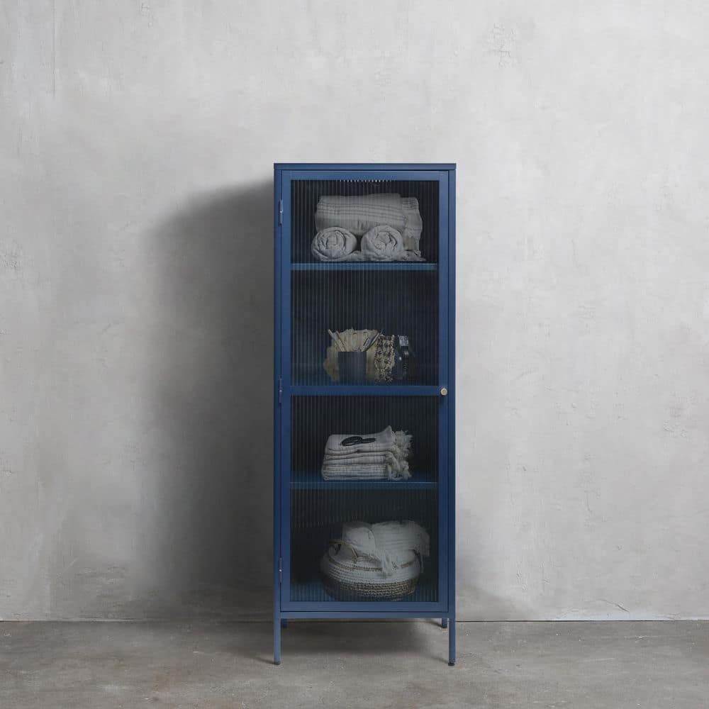 Blue Metal and Glass 63" Display Cabinet with Golden Handle
