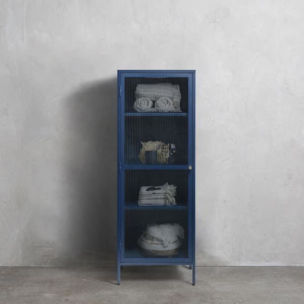 Nyhus Breton 63 in. H Steel Blue Tower Cabinet with Fluted Glass