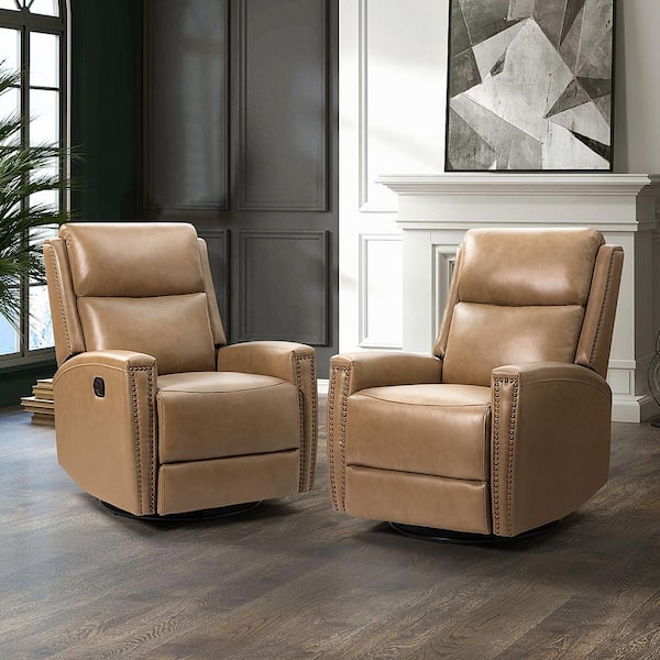 Jayden Creation Joseph Beige Genuine Leather Swivel Rocking Manual Recliner with Straight Tufted Back Cushion and Curved Mood Arms