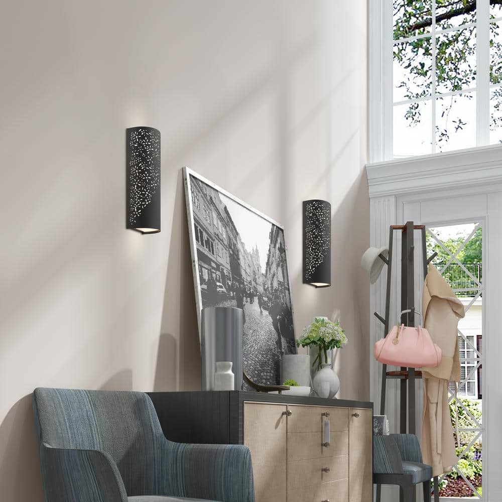 Noria Organic Laser Cut Black Steel 2-Light Sconce with Off-White Linen Shade