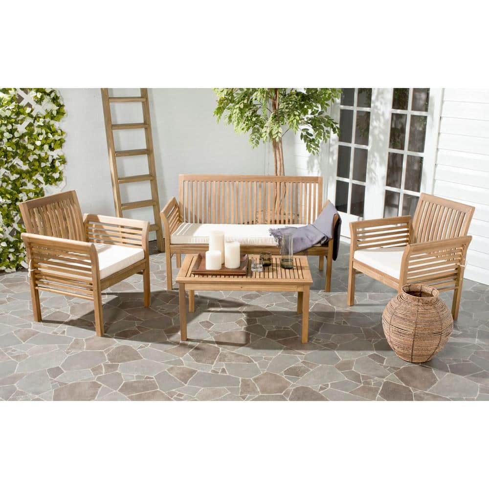 Transitional Acacia Wood 4-Person Outdoor Patio Set in Natural Beige