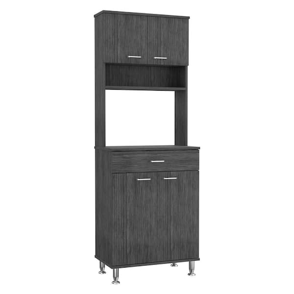 ANGELES HOME Smokey Oak Wood Pantry Organizer Double Door Cabinet, 1-Drawer, 4-Legs, 3-Shelves