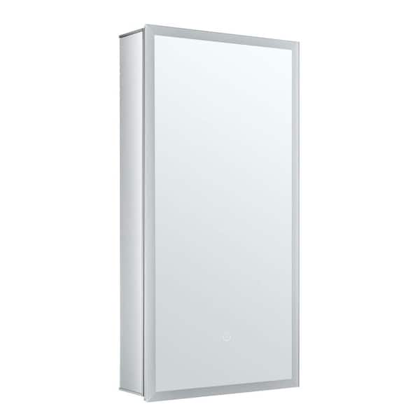 FINE FIXTURES 15 in. W x 30 in. H Silver Recessed/Surface Mount Medicine Cabinet with Mirror Left Hinge and LED Lighting