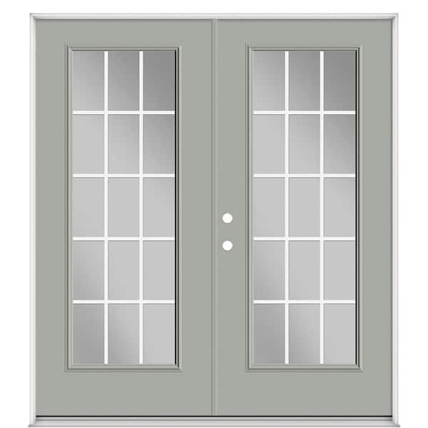 Masonite 72 in. x 80 in. Silver Cloud Fiberglass Prehung Right-Hand Inswing GBG 15-Lite Clear Glass Patio Door with Vinyl Frame