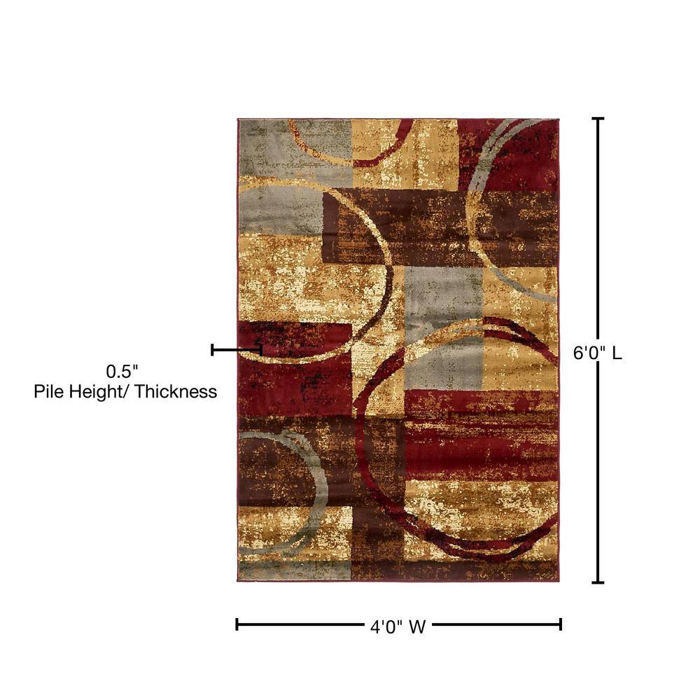 4' x 6' Brown and Red Abstract Rectangular Rug