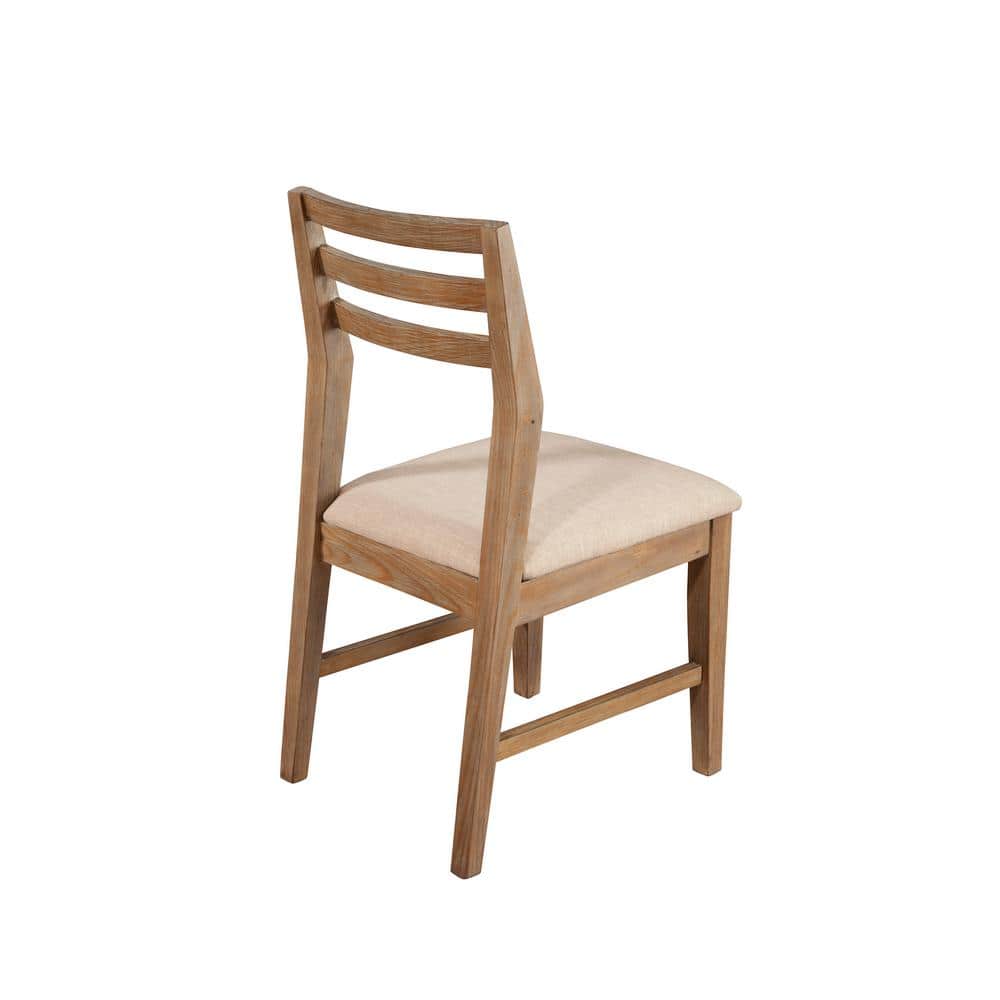 Transitional Beige Upholstered Ladderback Side Chair in Weathered Pine