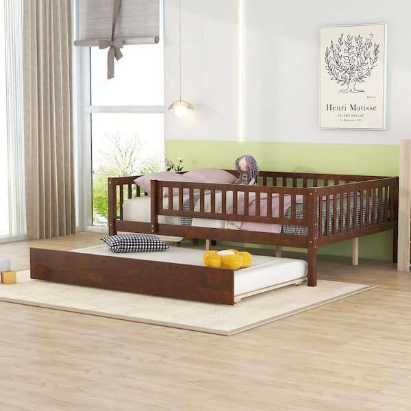 Harper & Bright Designs Walnut Full Size Wood Daybed with Trundle and Fence Guardrails