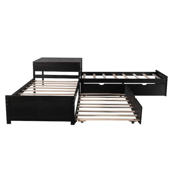 Espresso Wood Frame Twin Size Platform Bed with Trundle and Drawers Linked with built-in Desk