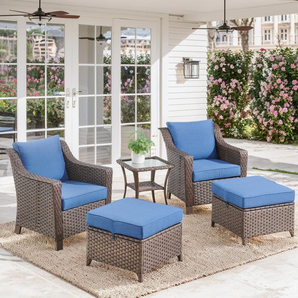 Slimline 5-Piece Brown Wicker Patio Conversation Set with Blue Olefin Cushions and 4 in. Wide Armrest/Lounge Chairs price history on PriceWatchPro