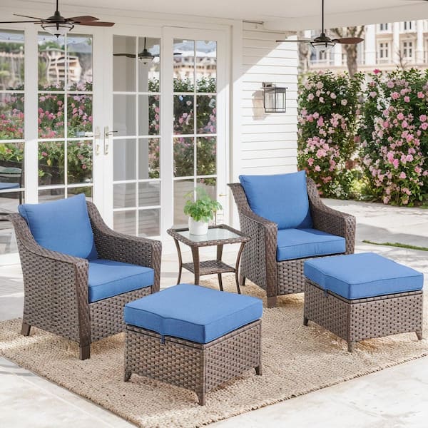 moosprr Slimline 5-Piece Brown Wicker Patio Conversation Set with Blue Olefin Cushions and 4 in. Wide Armrest/Lounge Chairs