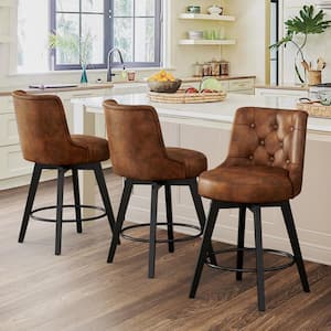 Rowland 26.5 in Seat Height Brown Faux Leather Counter Height Solid Wood Leg Swivel Bar stool（Set of 3）