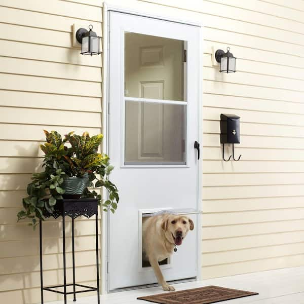 EMCO 32 in. x 80 in. White Universal 1/2 Light Pet Entry Aluminum Storm Door with Black Hardware