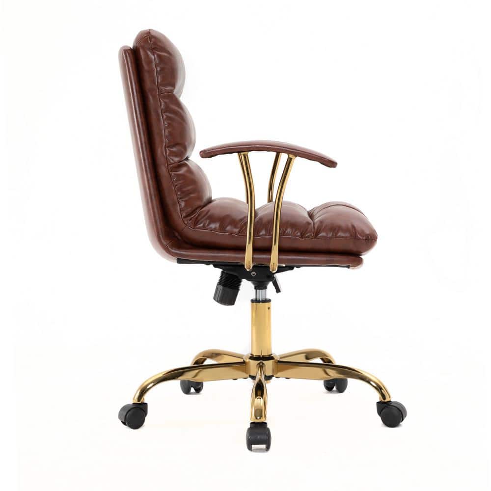 Walnut Brown Leather Executive Swivel Office Chair with Gold Base