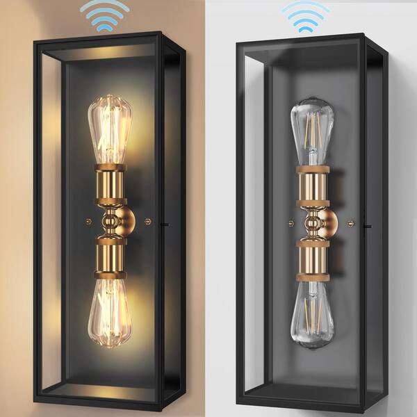 YANSUN 20 in. 2-Light Black and Brass Large Size Dusk to Dawn Outdoor Hardwired Wall Lantern Sconce with Clear Glass Door
