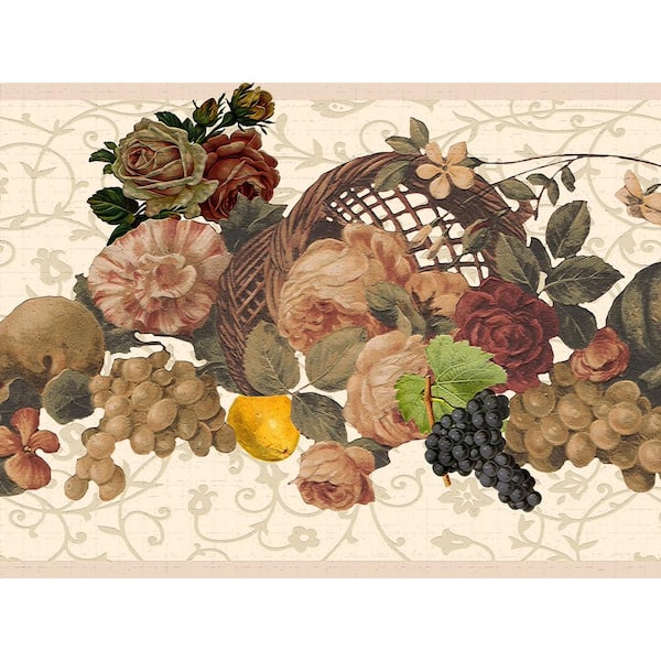 Dundee Deco Falkirk Dandy II Green Red Flowers and Vegatables Nature Peel and Stick Wallpaper Border