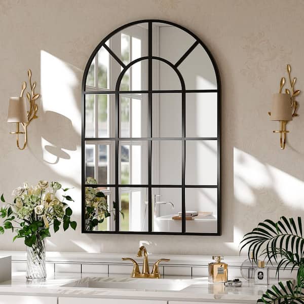 Black 24 in. W x 36 in. H Arched Windowpane Aluminum Alloy Framed Mirror Wall Mirror
