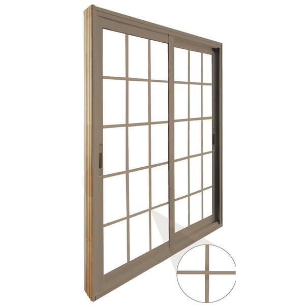 60 in. x 80 in. Double Sliding Sandstone Patio Door with 15-Lite Internal Flat Grill