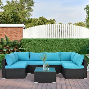 Modern 7-Piece Wicker Rattan Outdoor Patio Sectional Sofa Set with Blue Cushions