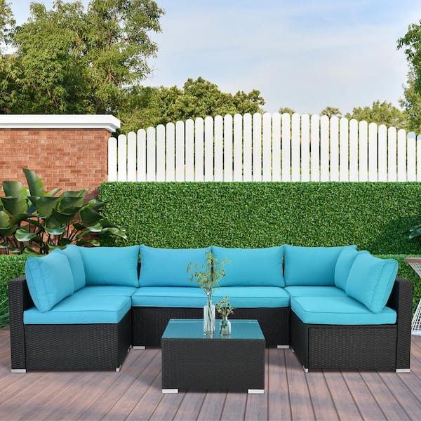 Cesicia Modern 7-Piece Wicker Rattan Outdoor Patio Sectional Sofa Set with Blue Cushions