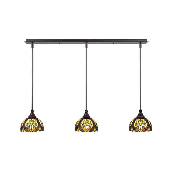 Unbranded Livingston 100-Watt 3 Light Brown Linear Pendant Light with 7 in. Cypress Art Glass Shades No Bulbs Included