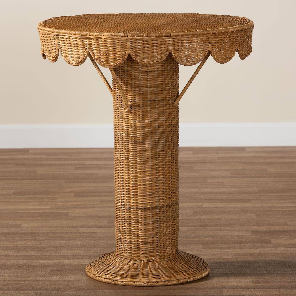 Pabla Light Honey Rattan and Metal Round Scalloped Accent Table