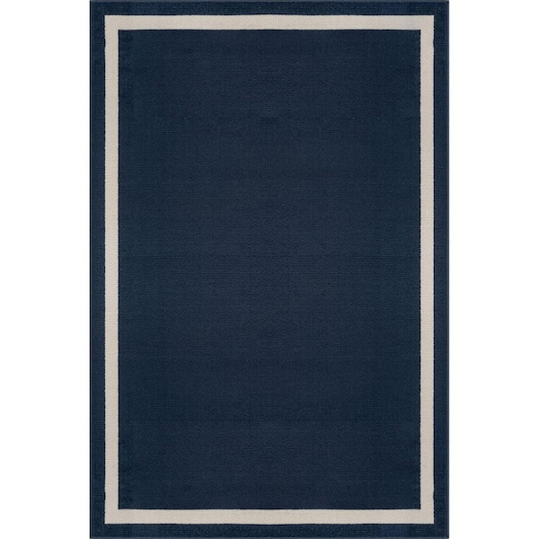 Aura Navy 9 ft. x 12 ft. Rubber Back Washable Modern Bordered Indoor Outdoor Area Rug