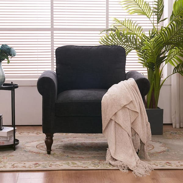 Outopee Black Chenille Solid Wood Gourd Foot Accent Chair