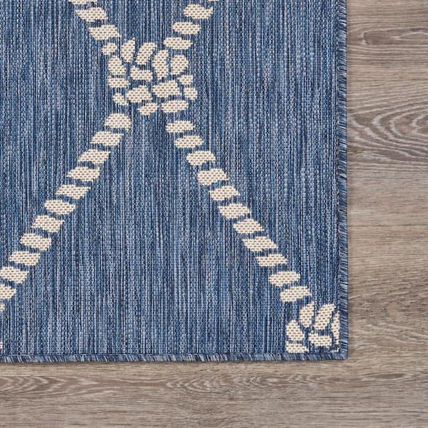 Naira Nautical Navy Blue/White 7 ft. 6 in. x 9 ft. 5 in. Knot Polypropylene Indoor/Outdoor Area Rug