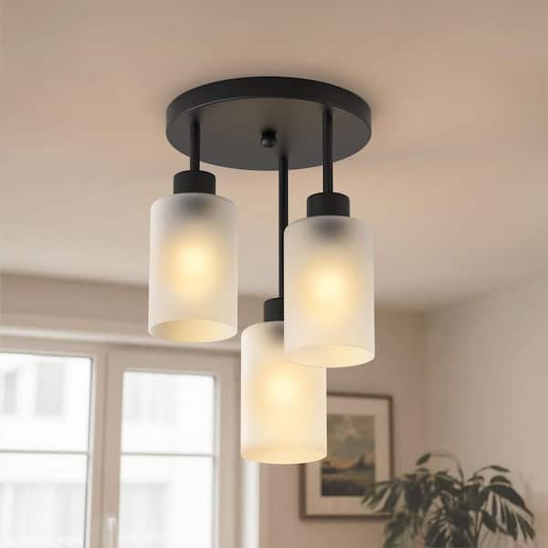 15 in. 3-Light Black Industrial Semi Flush Mount, Cluster Ceiling with White Glass Shades for Kitchen, Dining Room