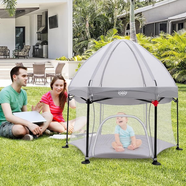 53 in. Outdoor Baby Playpen with Canopy and Carrying Bag Portable Play Yard Toddlers