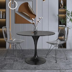 Verve Dining Table with a 36 in. Round Sintered Stone Tabletop and Black Steel Pedestal Base, Black