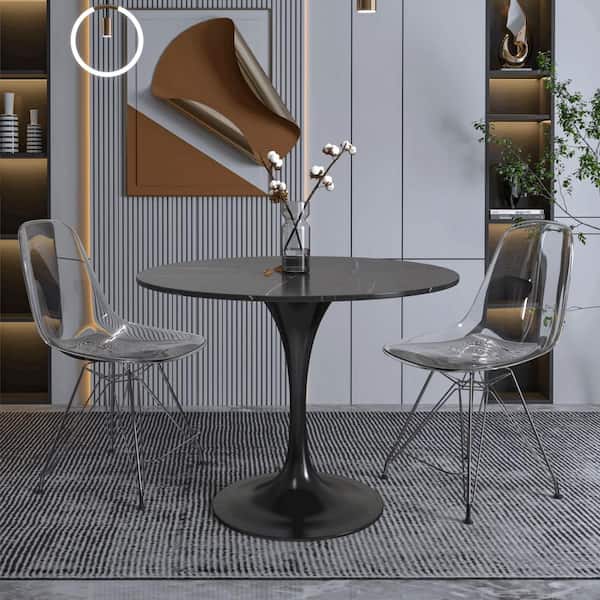 Leisuremod Verve Dining Table with a 36 in. Round Sintered Stone Tabletop and Black Steel Pedestal Base, Black