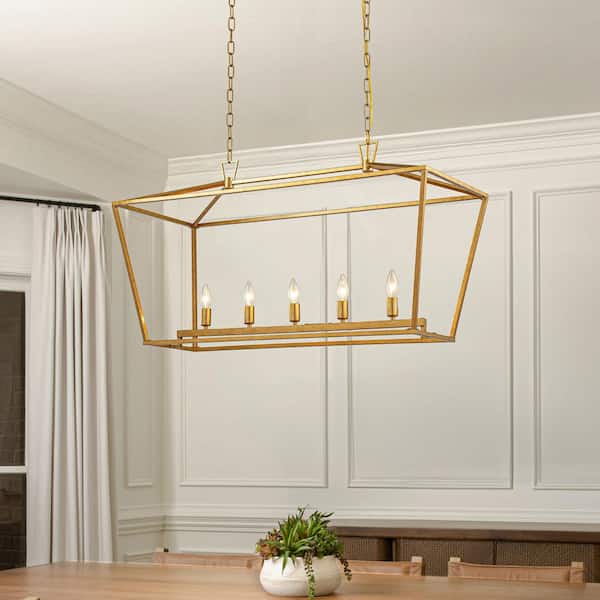 ALOA DECOR 5-Light 39" Modern Industrial Linear Lantern Geometric Chandelier in Matte Gold Rectangle Cage Light for Kitchen Island
