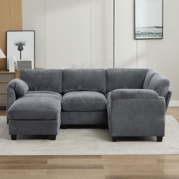 JEAREY 85.37 in. Corduroy Modular L-Shaped 5-Seat Sectional Sofa in Dark Grey for Living Room and Spacious Space