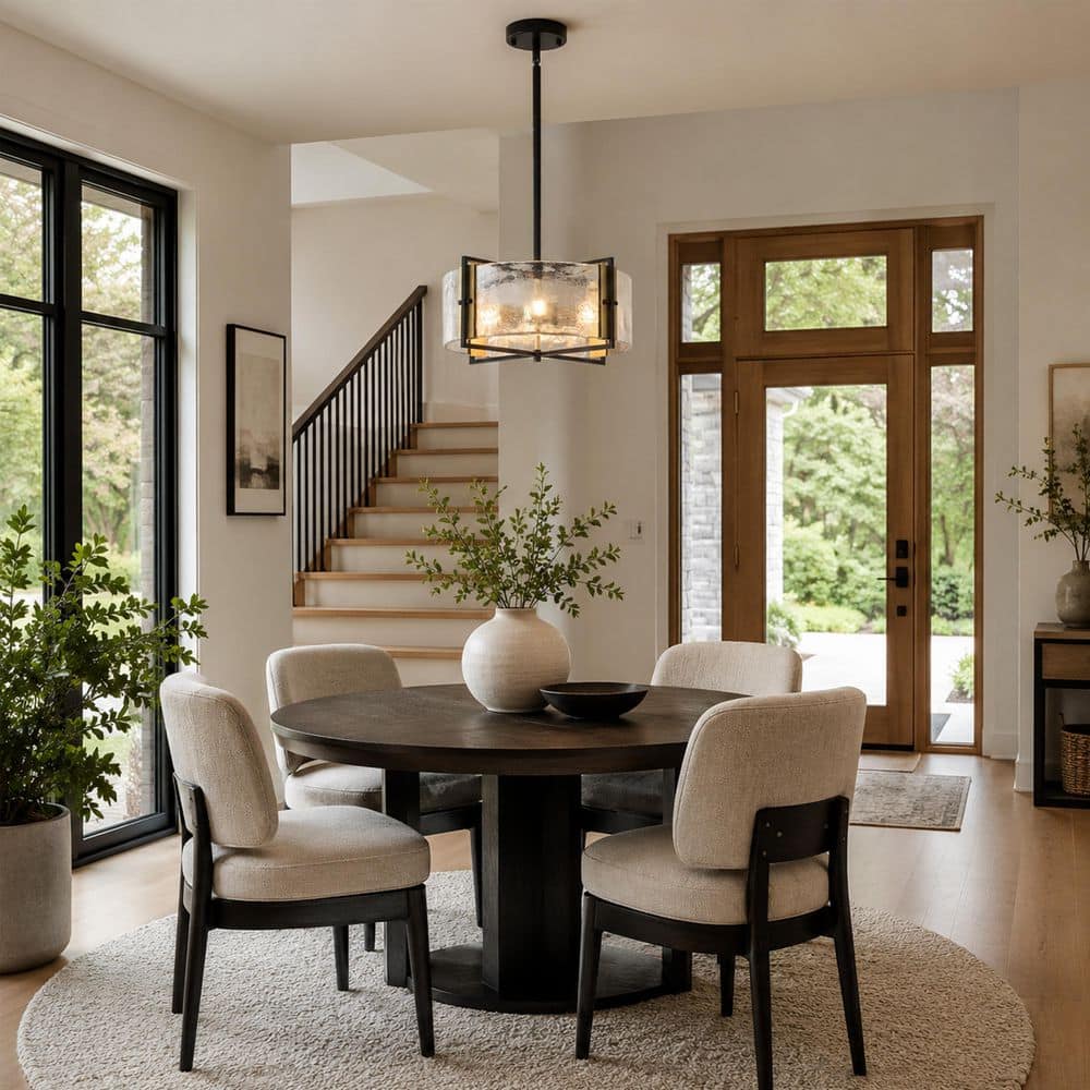 18.11 in. 4-Light Black Glass Drum Chandelier, Adjustable Farmhouse Pendant Light for Dining Living Room Entryway price history on PriceWatchPro