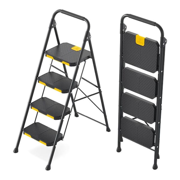 4-Step Ladder Sturdy Steel Step Stool with Safe-Lock Handrail Anti-Slip Wide Pedals 800lbs Load Folding Portable Black