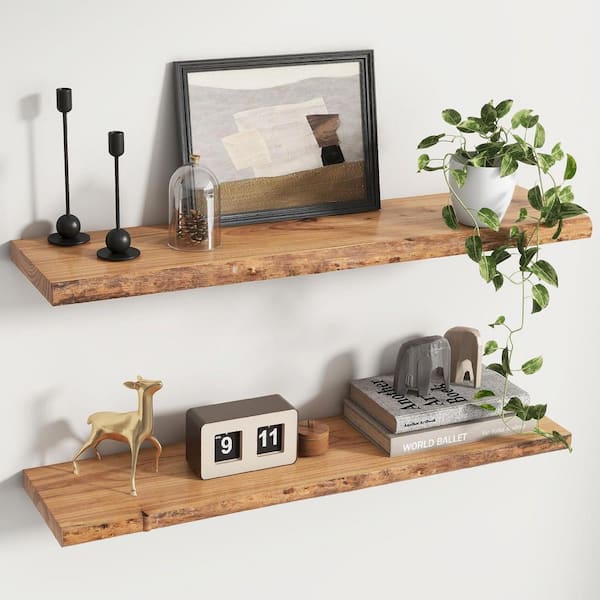 36 in. W x 9.2 in. D Natural Rustic Elm Wood Floating Shelves Decorative Wall Shelf for Living Room Bedroom Set of 2