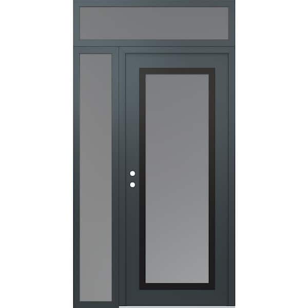 C1 52 in. x 96 in. Black P Right-Hand/Inswing Frosted Glass Anth/Anth Sidelite+Transom Steel Prehung Front Door